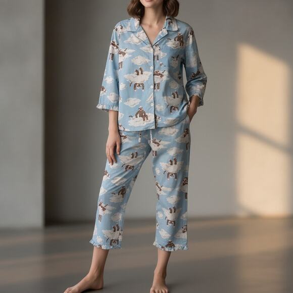 Nick & Nora Ruffle Sock Monkey Pajamas Set Women's Sz XL Blue Clouds 100% Cotton - Picture 2 of 12